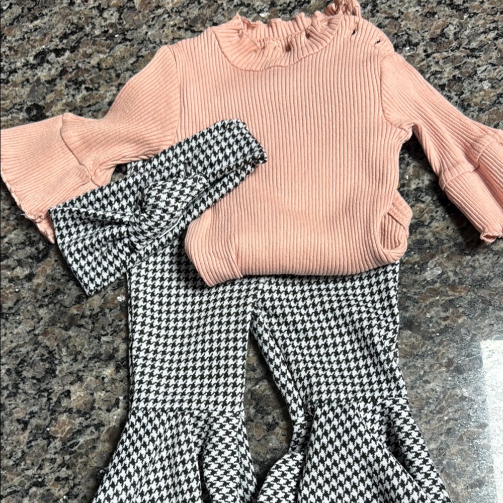 Pink Ruffle Top and Houndstooth Pants Set